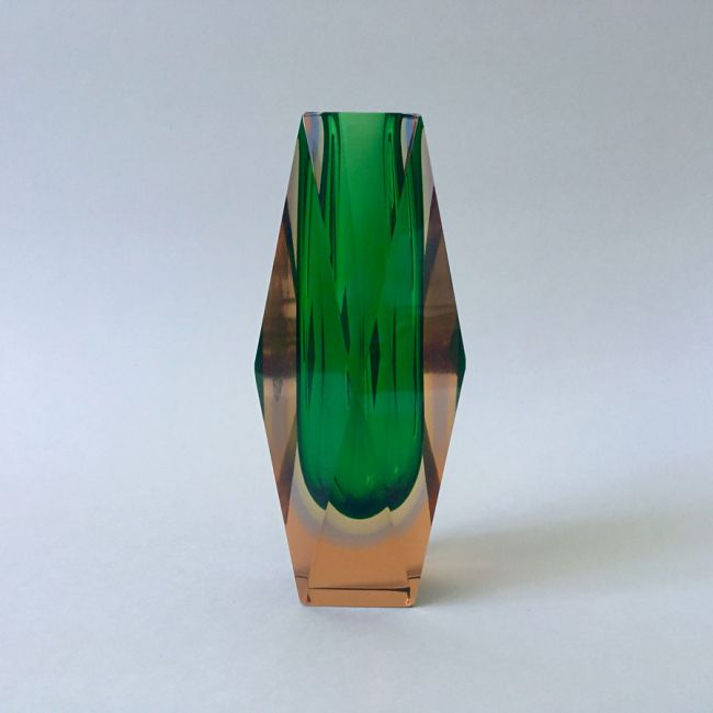 MANDRUZZATO - Murano Uranglas Vase, Grün/Gelb, Sommerso, MidCentury-Design, Esagonale